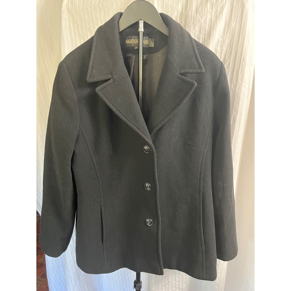 Kristen Blake Black 100% Virgin Wool Italian Fabric Pea Coat XL 15543